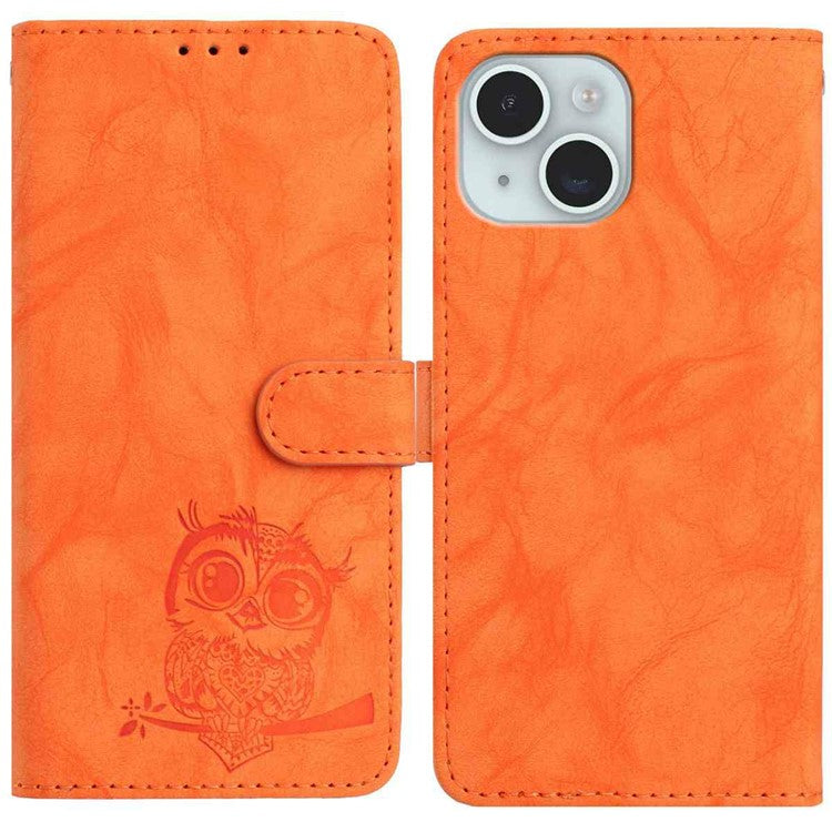 För iPhone 15 Fodral Owl Imprinted PU Läder Plånbok Telefonskydd med handledsrem