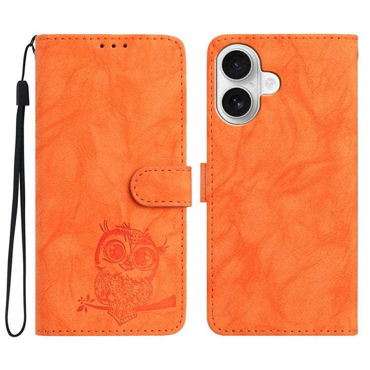 För iPhone 16 Fodral Owl Imprinted PU Läder Plånbok Telefonskydd med handledsrem