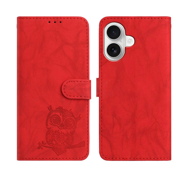 För iPhone 16 Fodral Owl Imprinted PU Läder Plånbok Telefonskydd med handledsrem