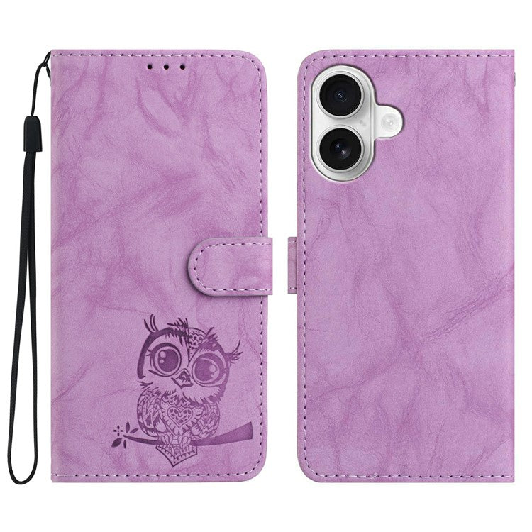 För iPhone 16 Plus Fodral Owl Imprinted PU Läder Plånbok Telefonskydd med handled