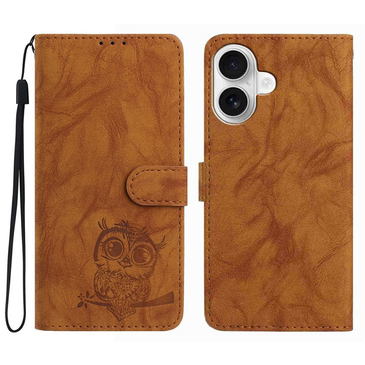 För iPhone 16 Plus Fodral Owl Imprinted PU Läder Plånbok Telefonskydd med handled