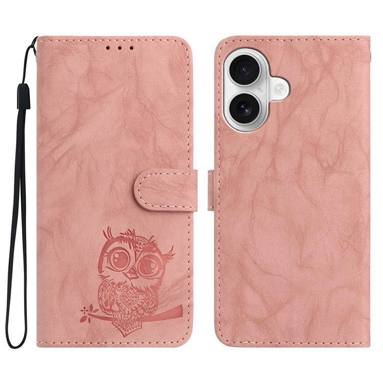 För iPhone 16 Plus Fodral Owl Imprinted PU Läder Plånbok Telefonskydd med handled