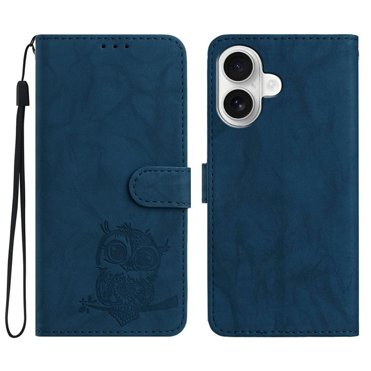För iPhone 16 Plus Fodral Owl Imprinted PU Läder Plånbok Telefonskydd med handled
