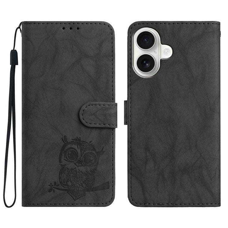 För iPhone 16 Plus Fodral Owl Imprinted PU Läder Plånbok Telefonskydd med handled