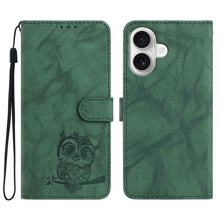 För iPhone 16 Plus Fodral Owl Imprinted PU Läder Plånbok Telefonskydd med handled