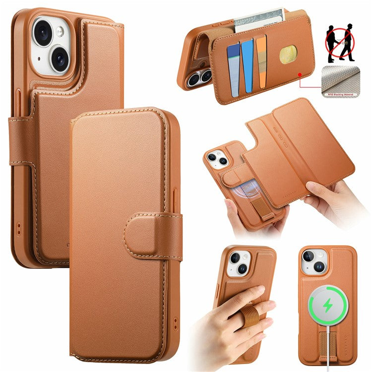 CASENEO For iPhone 14 Magnetic Case RFID Blocking Wallet Detachable Leather Phone Cover with Wristband