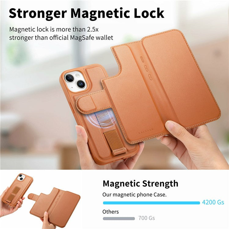 CASENEO For iPhone 14 Magnetic Case RFID Blocking Wallet Detachable Leather Phone Cover with Wristband