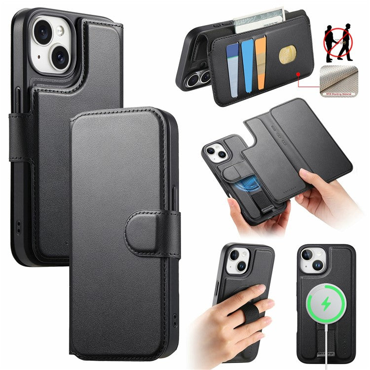 CASENEO For iPhone 14 Magnetic Case RFID Blocking Wallet Detachable Leather Phone Cover with Wristband