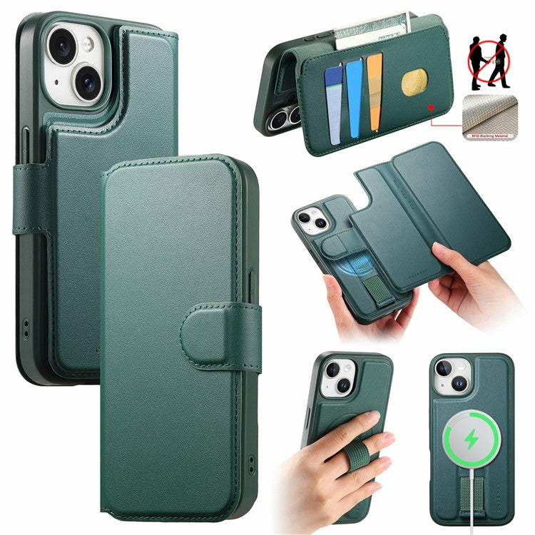 CASENEO For iPhone 14 Magnetic Case RFID Blocking Wallet Detachable Leather Phone Cover with Wristband