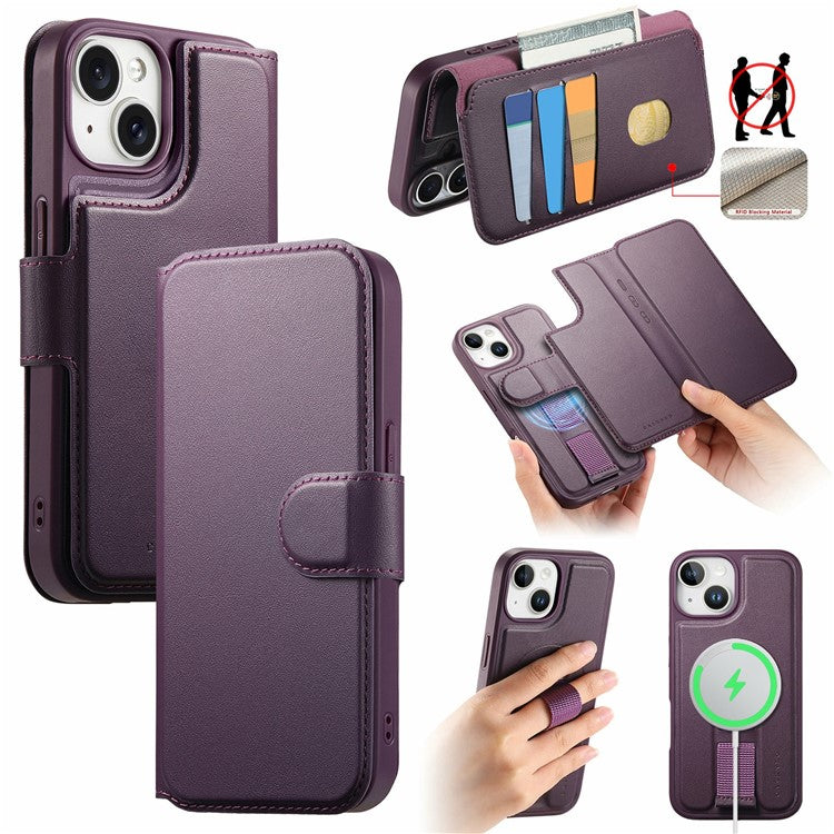 CASENEO For iPhone 14 Magnetic Case RFID Blocking Wallet Detachable Leather Phone Cover with Wristband