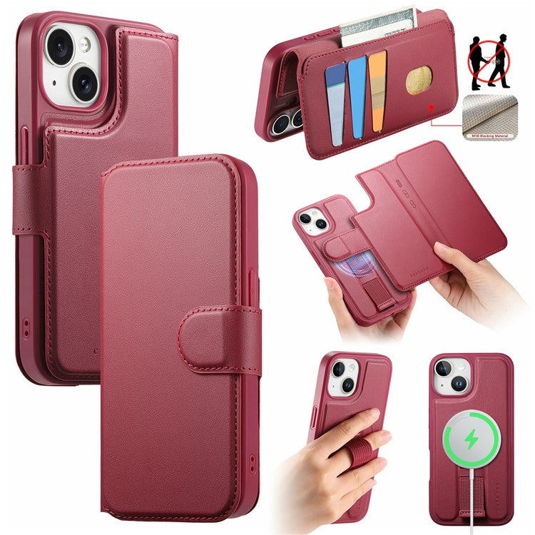 CASENEO For iPhone 14 Magnetic Case RFID Blocking Wallet Detachable Leather Phone Cover with Wristband