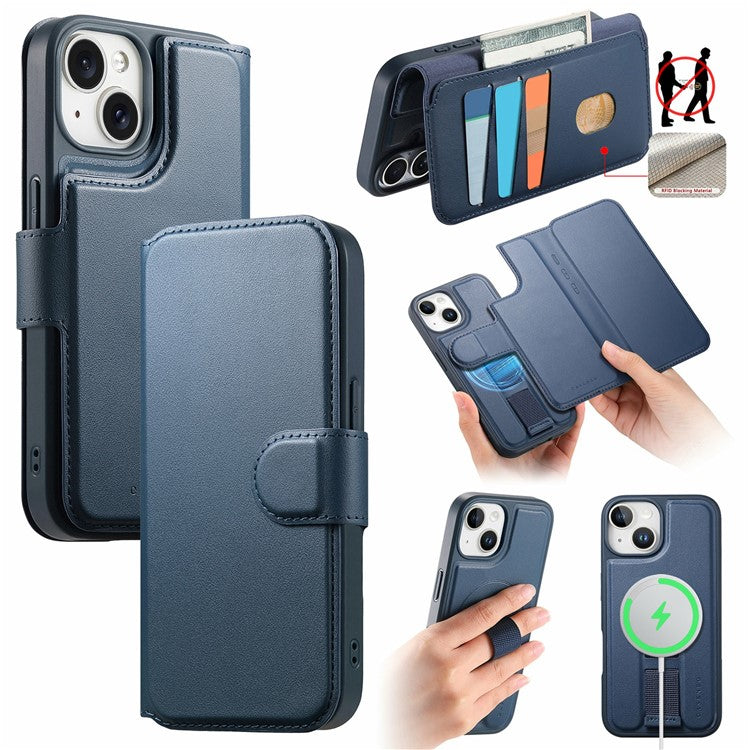 CASENEO For iPhone 14 Magnetic Case RFID Blocking Wallet Detachable Leather Phone Cover with Wristband