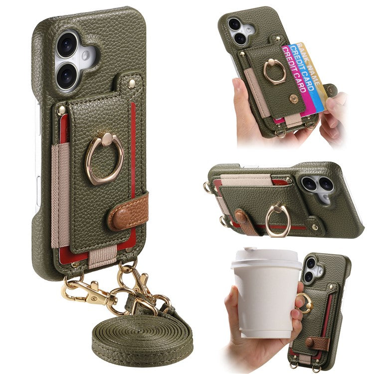 För iPhone 16 Fodral Korthållare Ring Kickstand Läder + PC-telefonfodral med axelrem