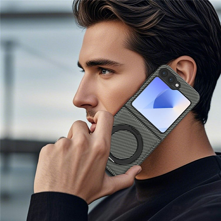 För Samsung Galaxy Z Flip6 5G Magnetfodral Kolfiber Texture PU+TPU Kickstand Telefonskydd