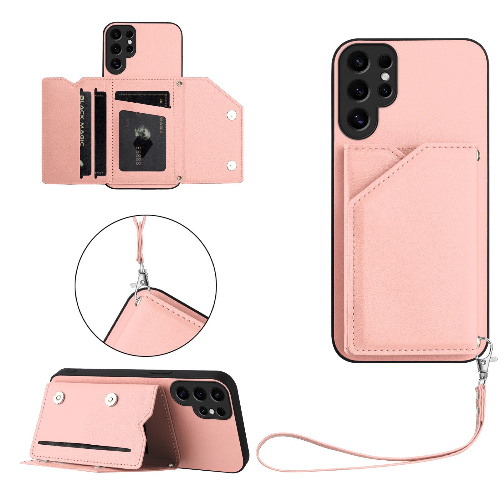 För Samsung Galaxy S24 Ultra Case Korthållare Kickstand Skin-Touch telefonskal med handledsrem