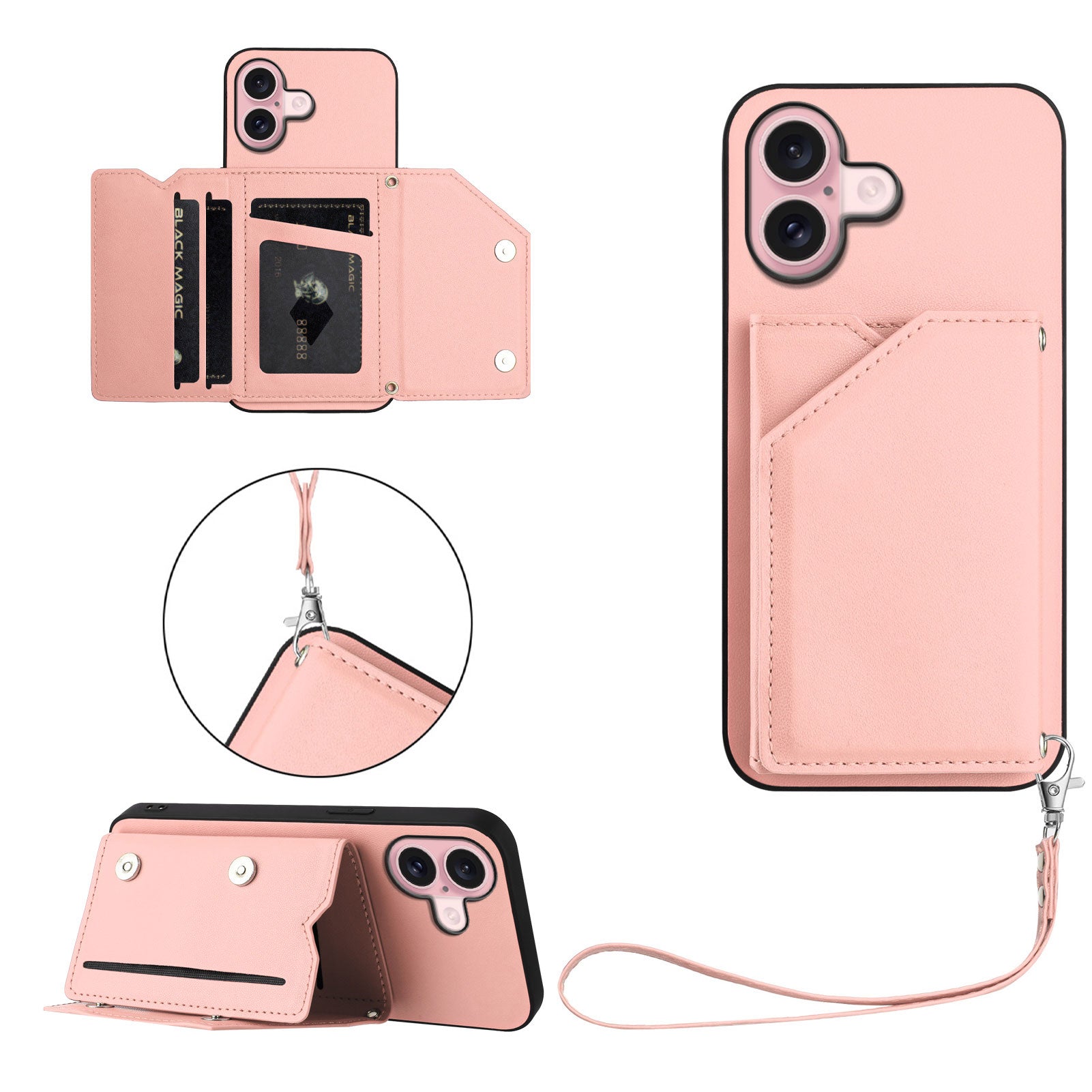 För iPhone 16 Fodral Korthållare Kickstand Skin-Touch telefonskal med handledsrem