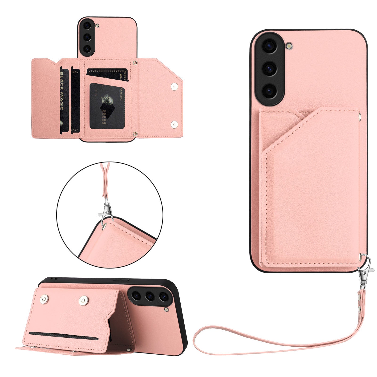 For Samsung Galaxy S23 Case Card Holder Kickstand Skin-Touch Phone Cover with Wrist Strap