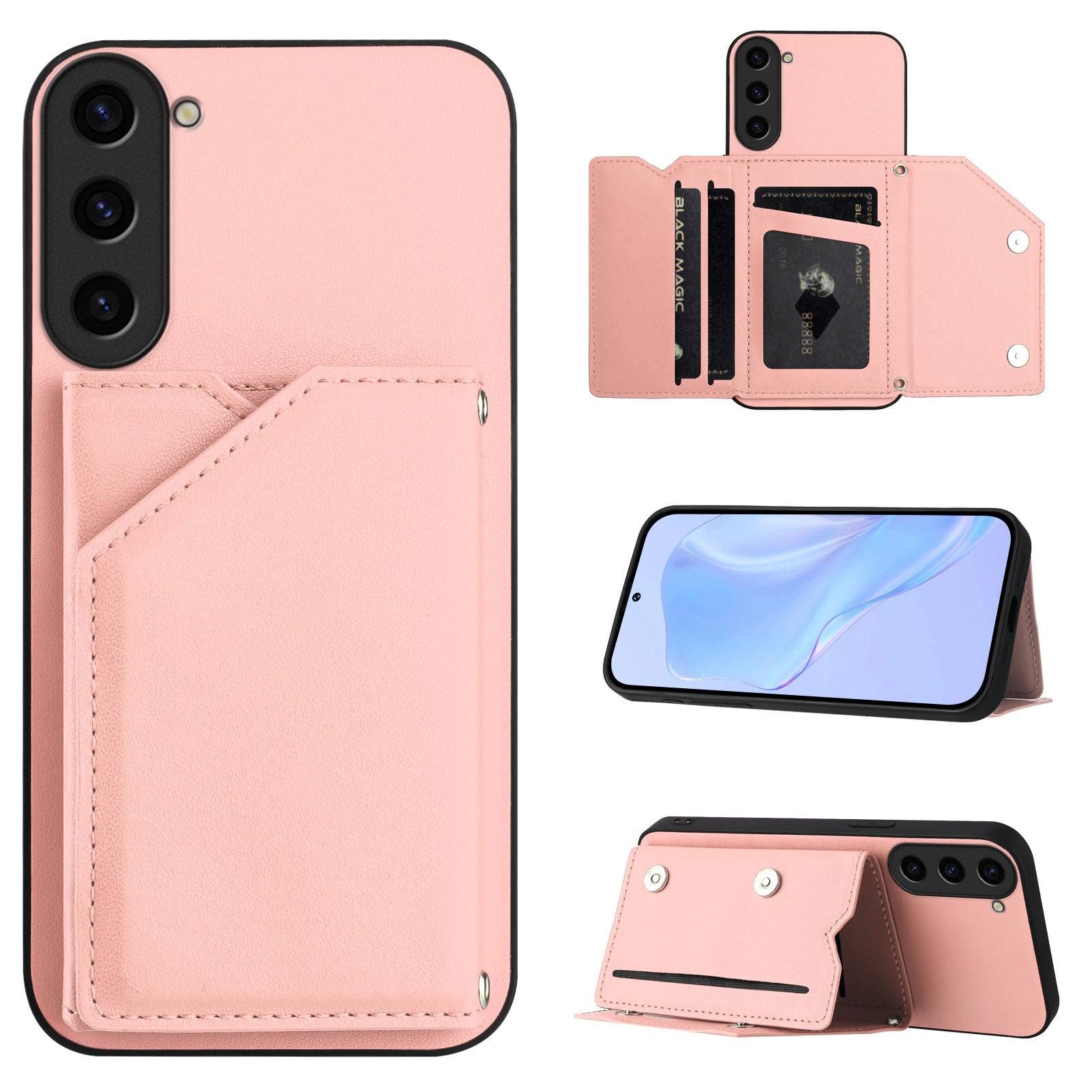 For Samsung Galaxy S23 Case Card Holder Kickstand Skin-Touch Phone Cover with Wrist Strap