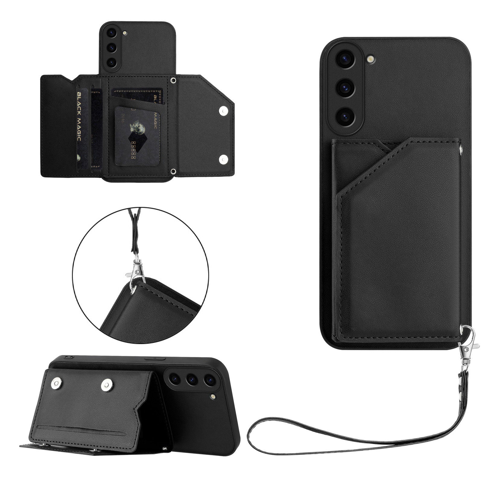 For Samsung Galaxy S23 Case Card Holder Kickstand Skin-Touch Phone Cover with Wrist Strap