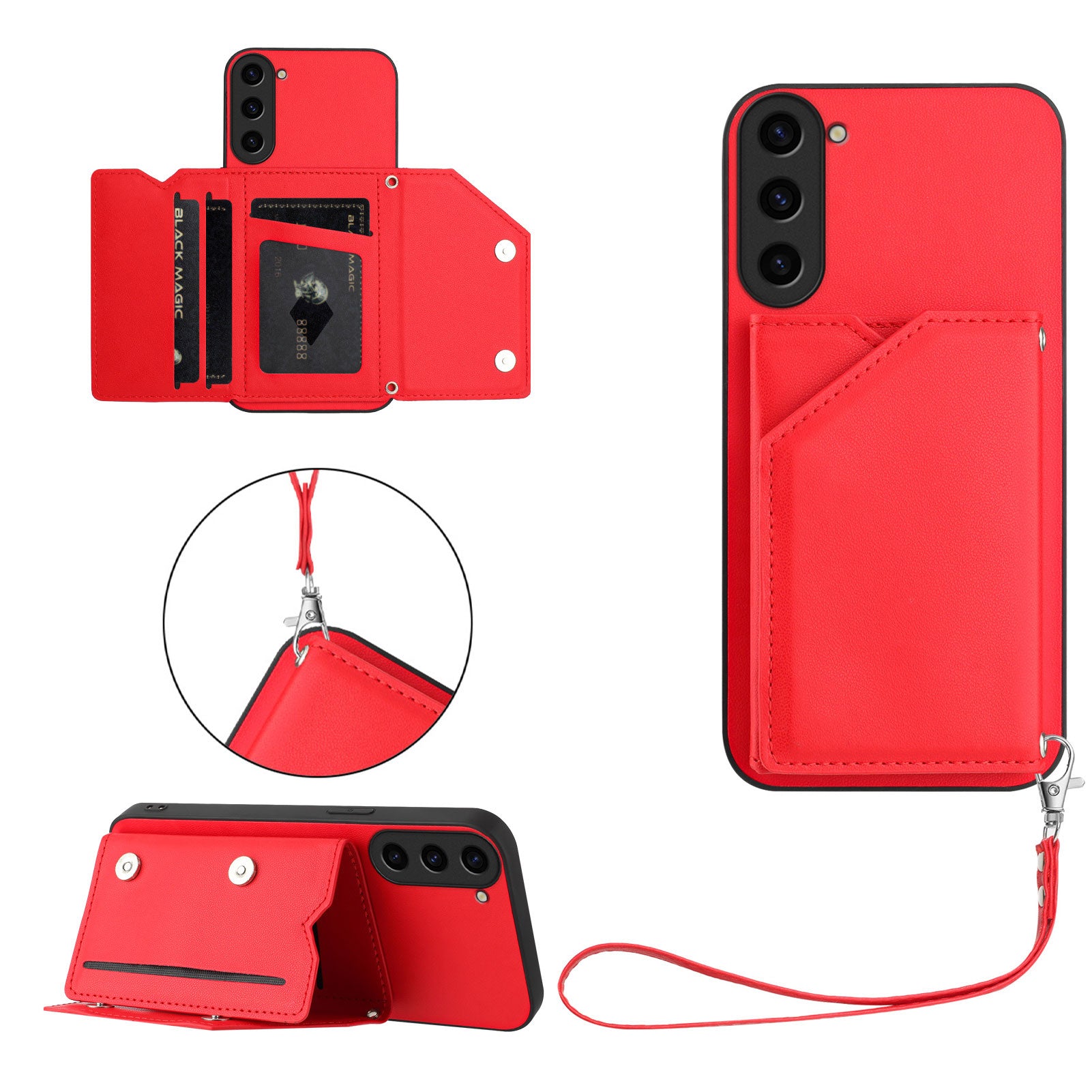 For Samsung Galaxy S23 Case Card Holder Kickstand Skin-Touch Phone Cover with Wrist Strap