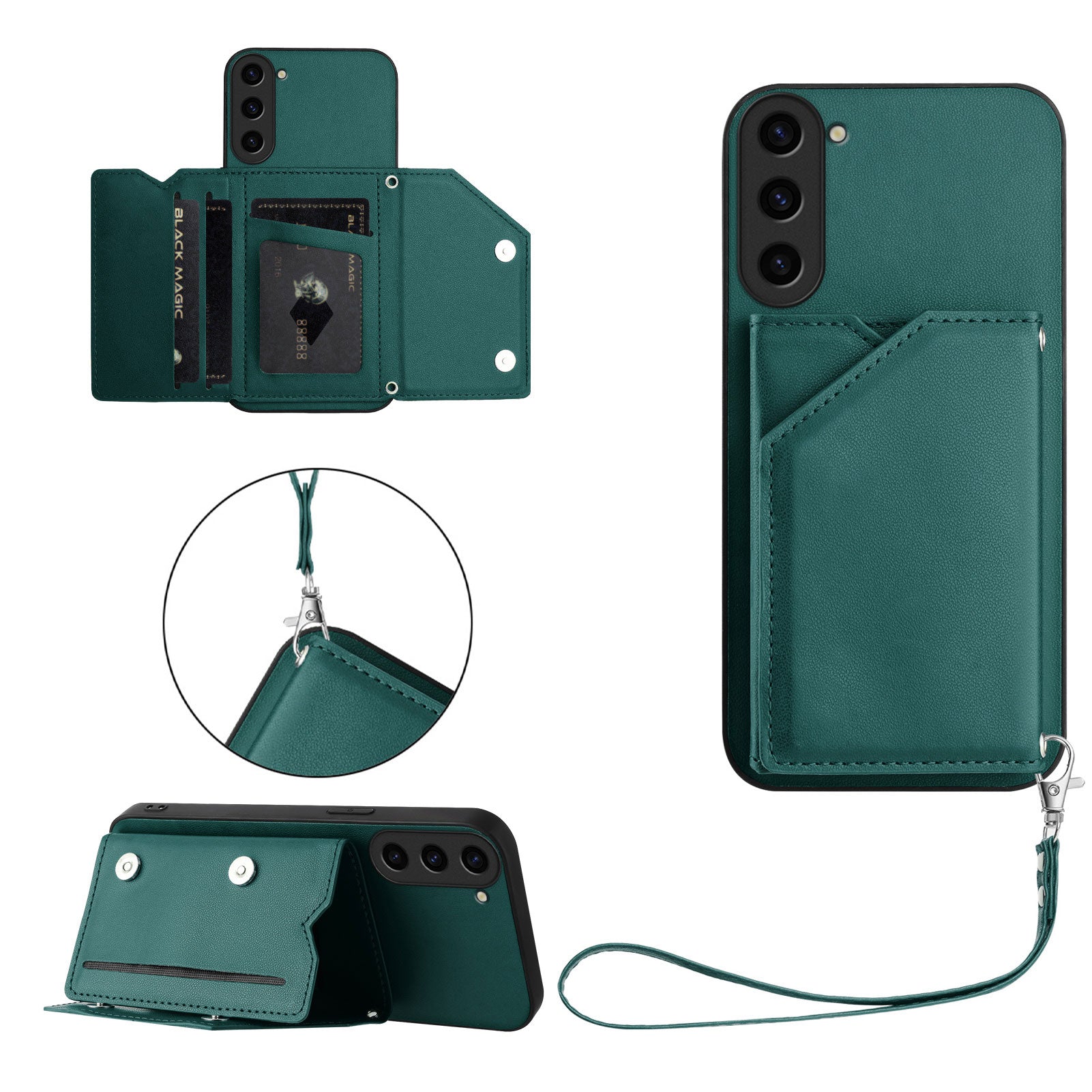 For Samsung Galaxy S23 Case Card Holder Kickstand Skin-Touch Phone Cover with Wrist Strap