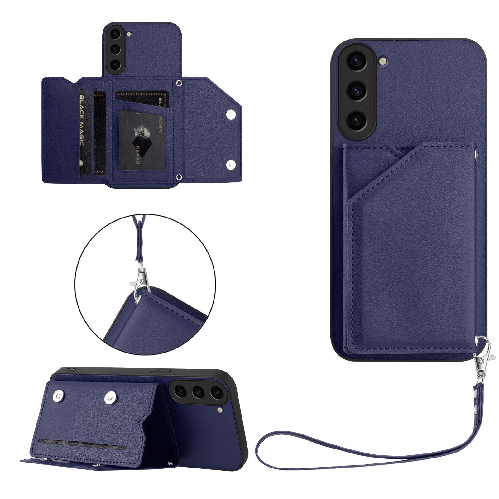 For Samsung Galaxy S23 Case Card Holder Kickstand Skin-Touch Phone Cover with Wrist Strap