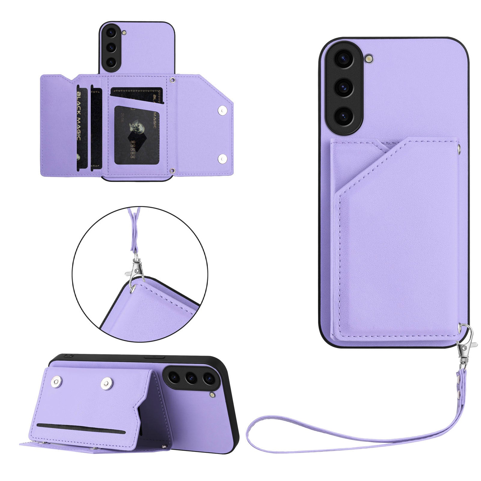 For Samsung Galaxy S23 Case Card Holder Kickstand Skin-Touch Phone Cover with Wrist Strap