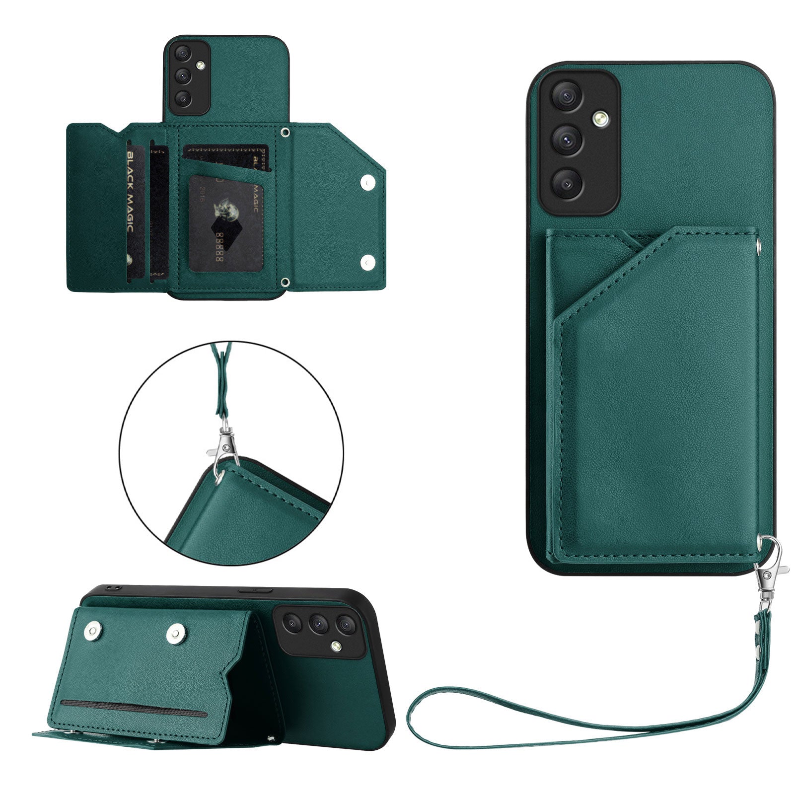 For Samsung Galaxy A35 5G Case Card Holder Kickstand Skin-Touch Phone Cover with Wrist Strap