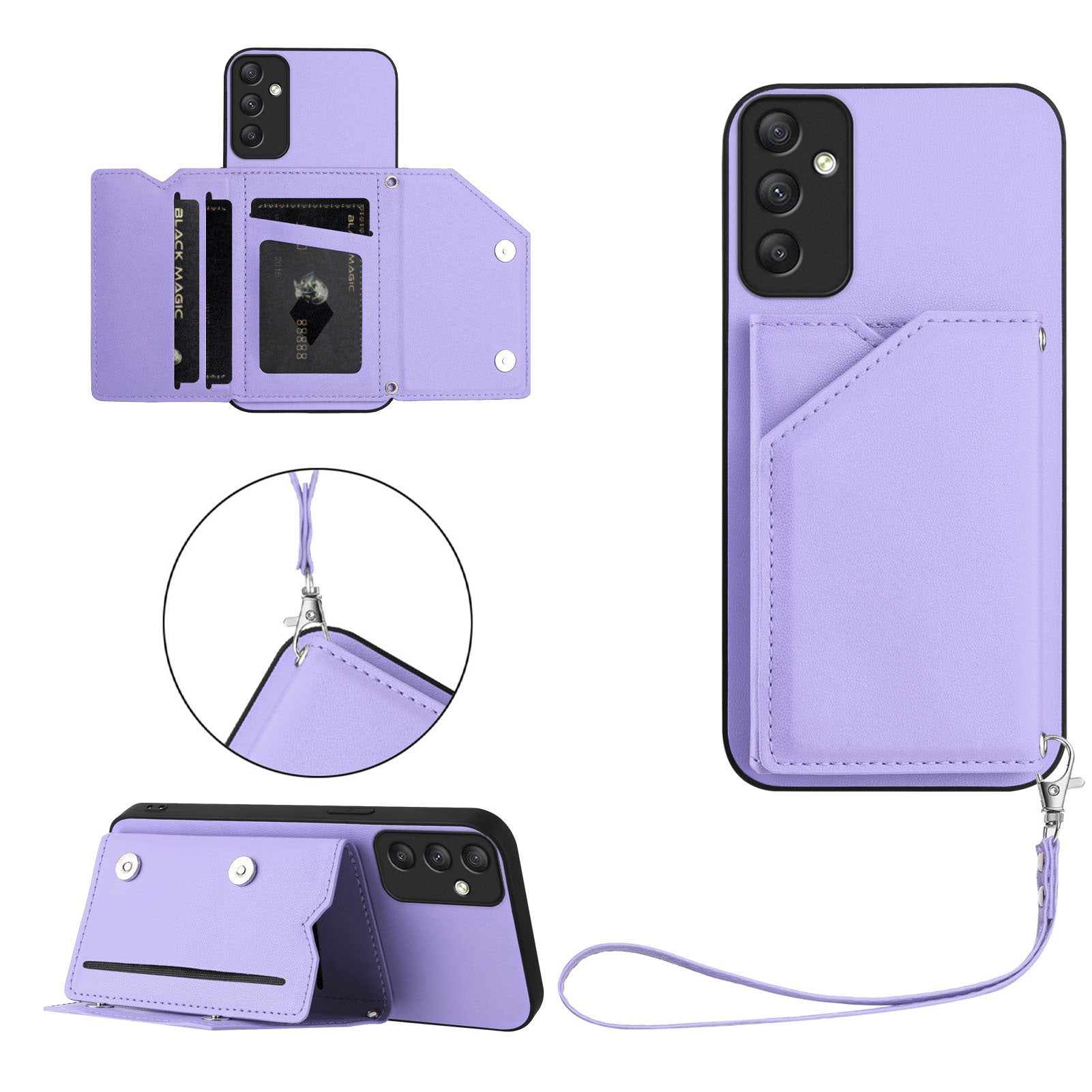 For Samsung Galaxy A35 5G Case Card Holder Kickstand Skin-Touch Phone Cover with Wrist Strap