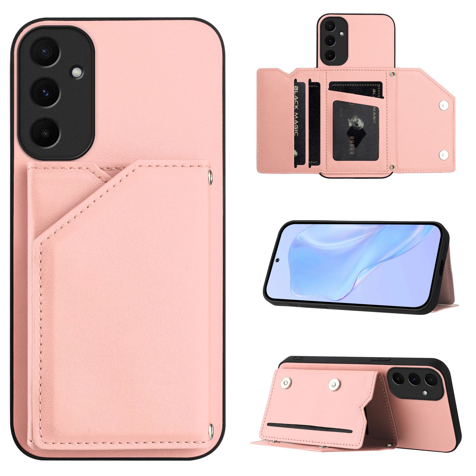 For Samsung Galaxy A55 5G Case Card Holder Kickstand Skin-Touch Phone Cover with Wrist Strap