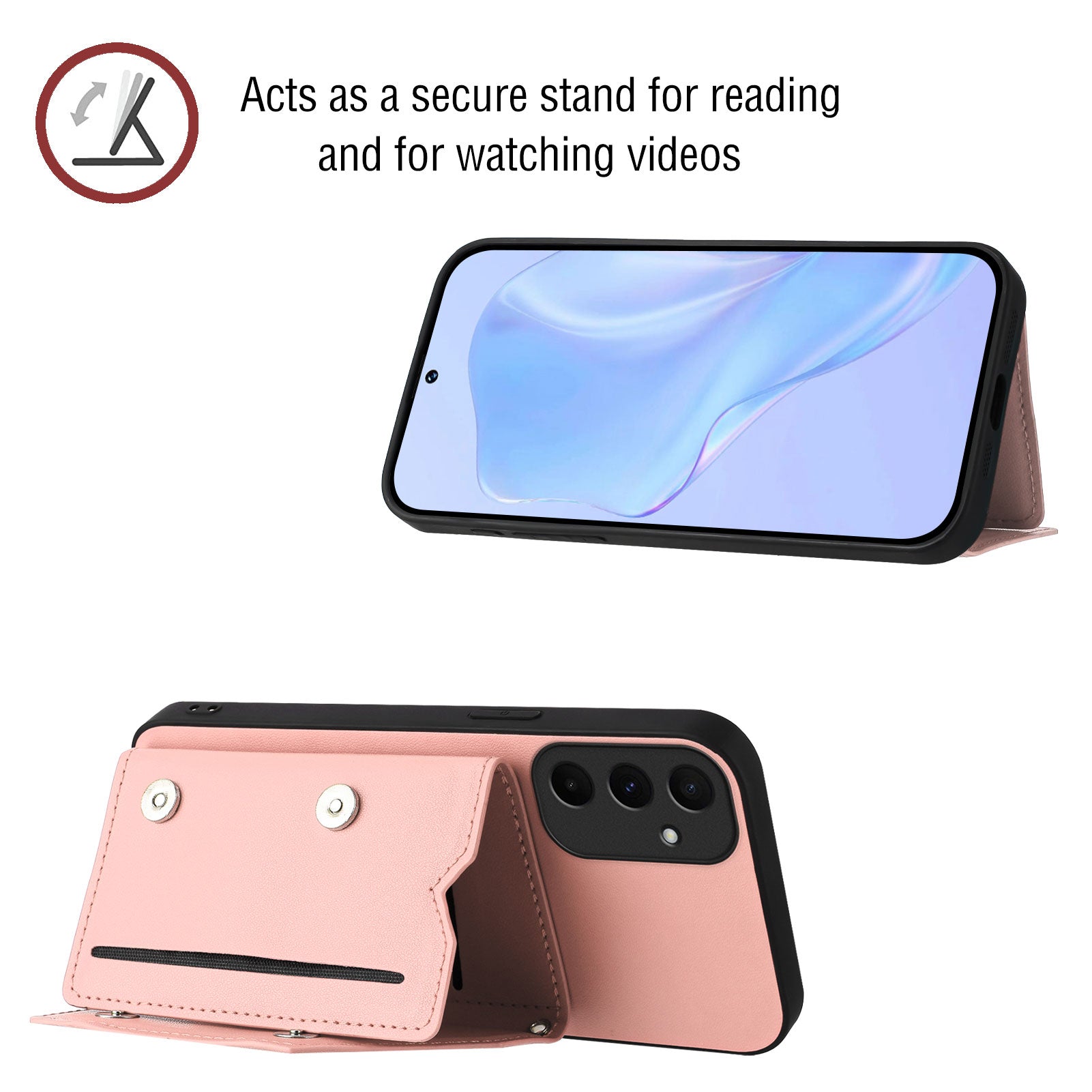 For Samsung Galaxy A55 5G Case Card Holder Kickstand Skin-Touch Phone Cover with Wrist Strap