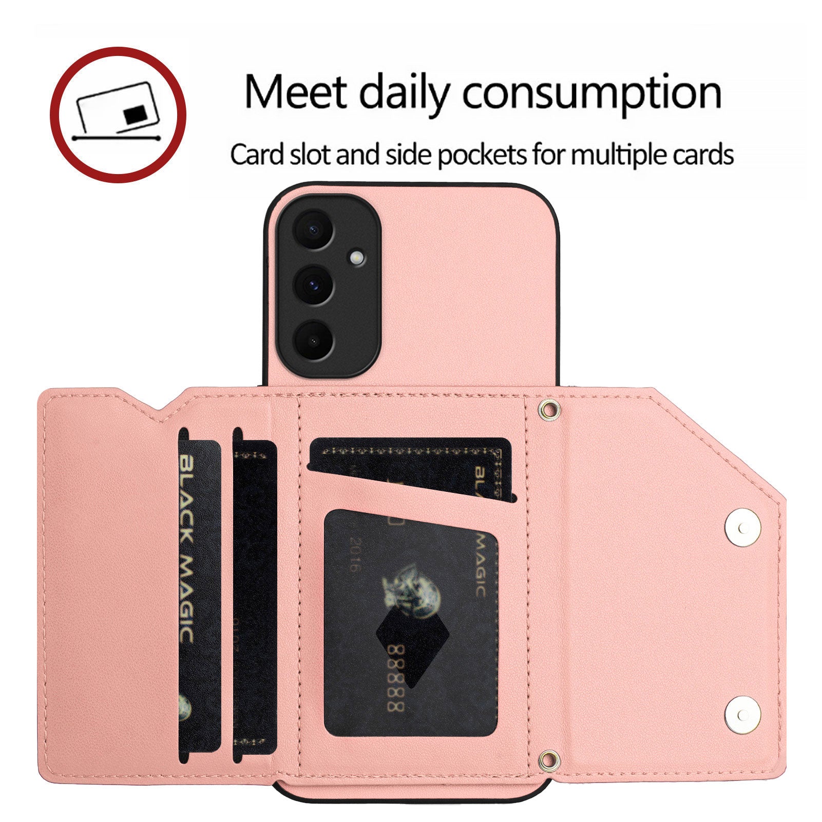 For Samsung Galaxy A55 5G Case Card Holder Kickstand Skin-Touch Phone Cover with Wrist Strap