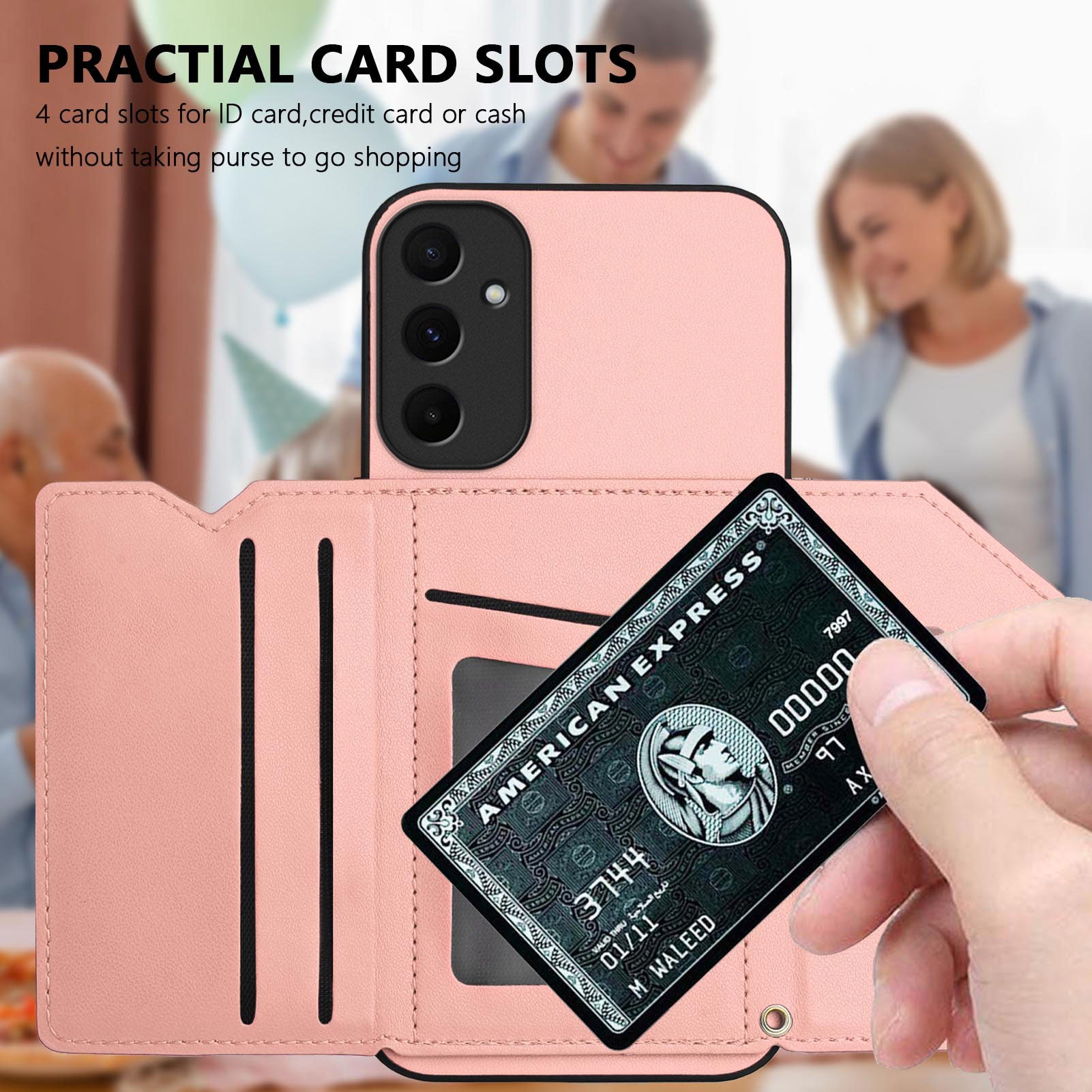 For Samsung Galaxy A55 5G Case Card Holder Kickstand Skin-Touch Phone Cover with Wrist Strap