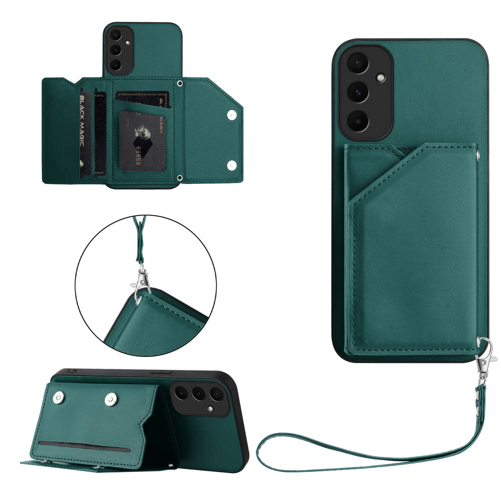For Samsung Galaxy A55 5G Case Card Holder Kickstand Skin-Touch Phone Cover with Wrist Strap