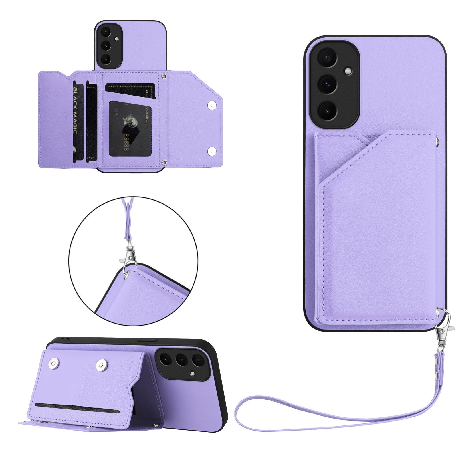 For Samsung Galaxy A55 5G Case Card Holder Kickstand Skin-Touch Phone Cover with Wrist Strap