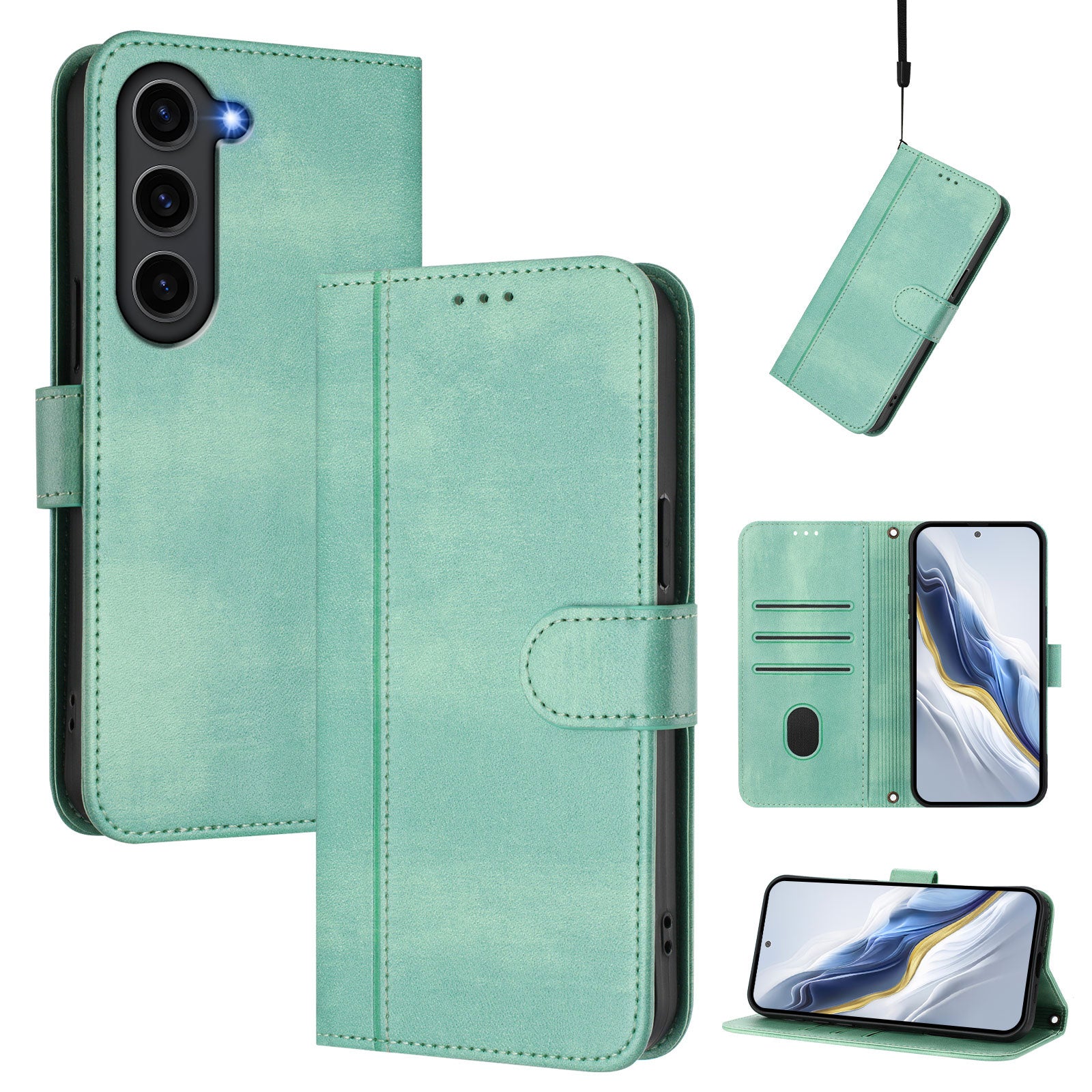 For Samsung Galaxy S23 Cases Wallet Stand Retro Texture Leather Phone Cover with Lanyard