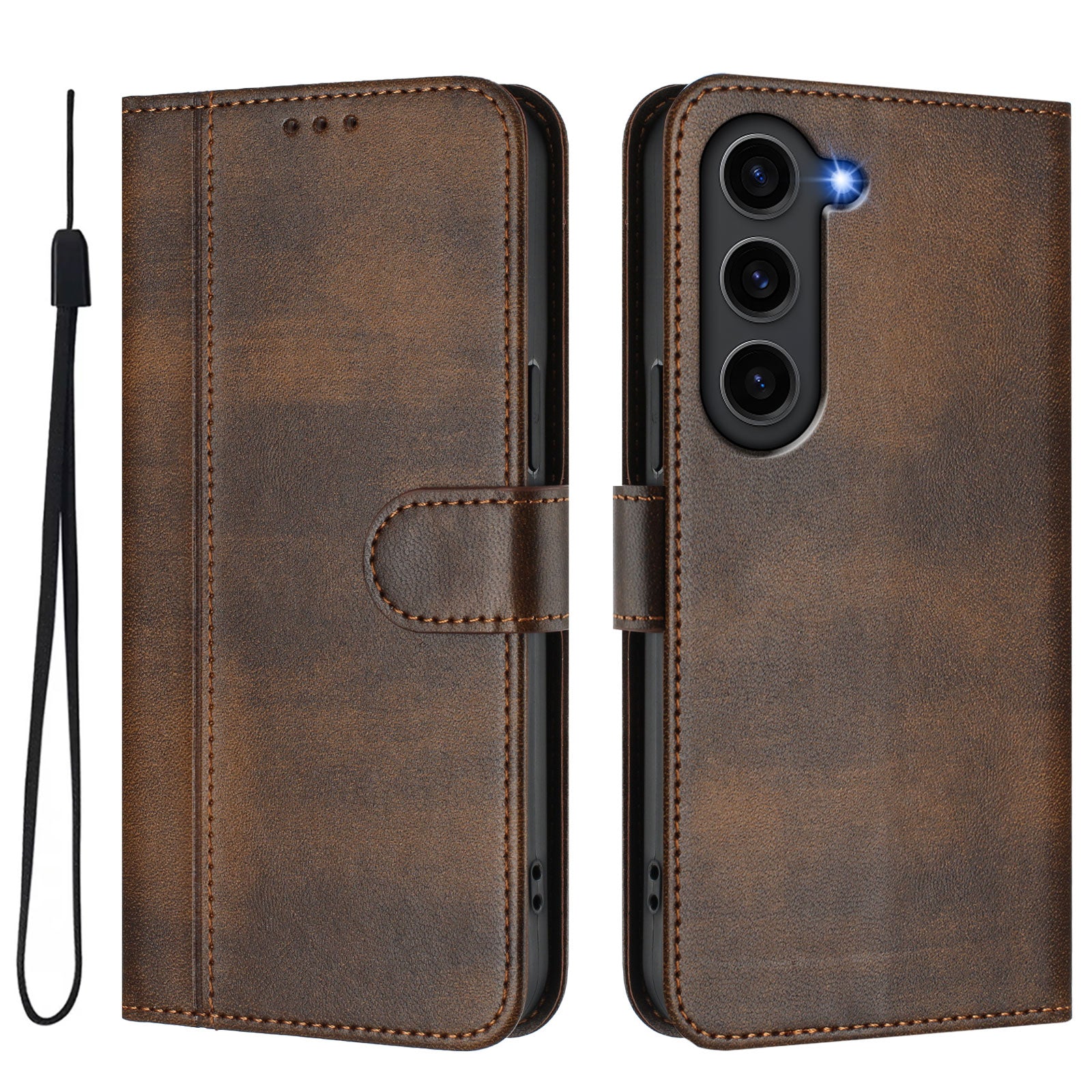 For Samsung Galaxy S23 Cases Wallet Stand Retro Texture Leather Phone Cover with Lanyard