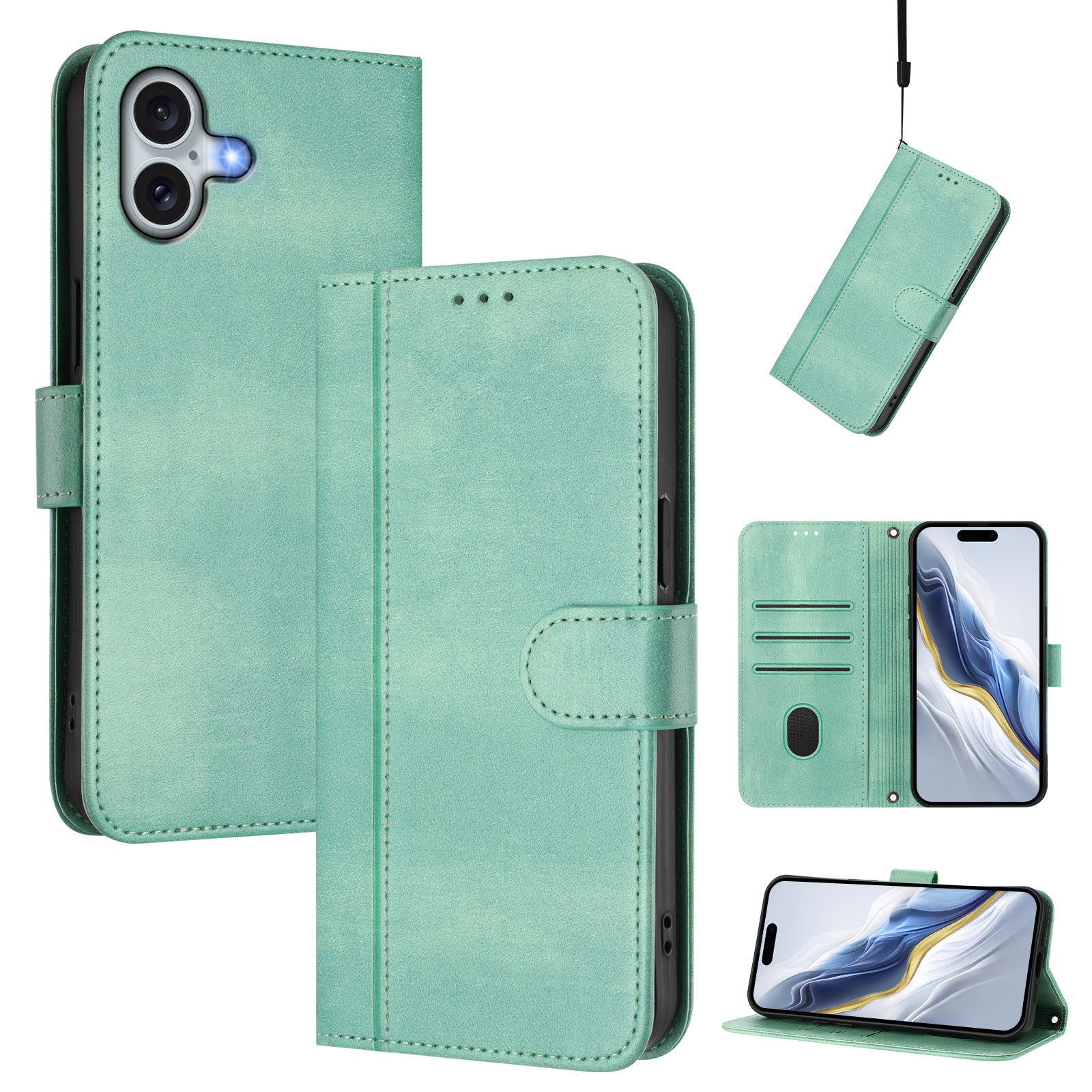 För iPhone 16 Plus Fodral Plånboksställ Retro Texture Läder Telefonskydd med Lanyar