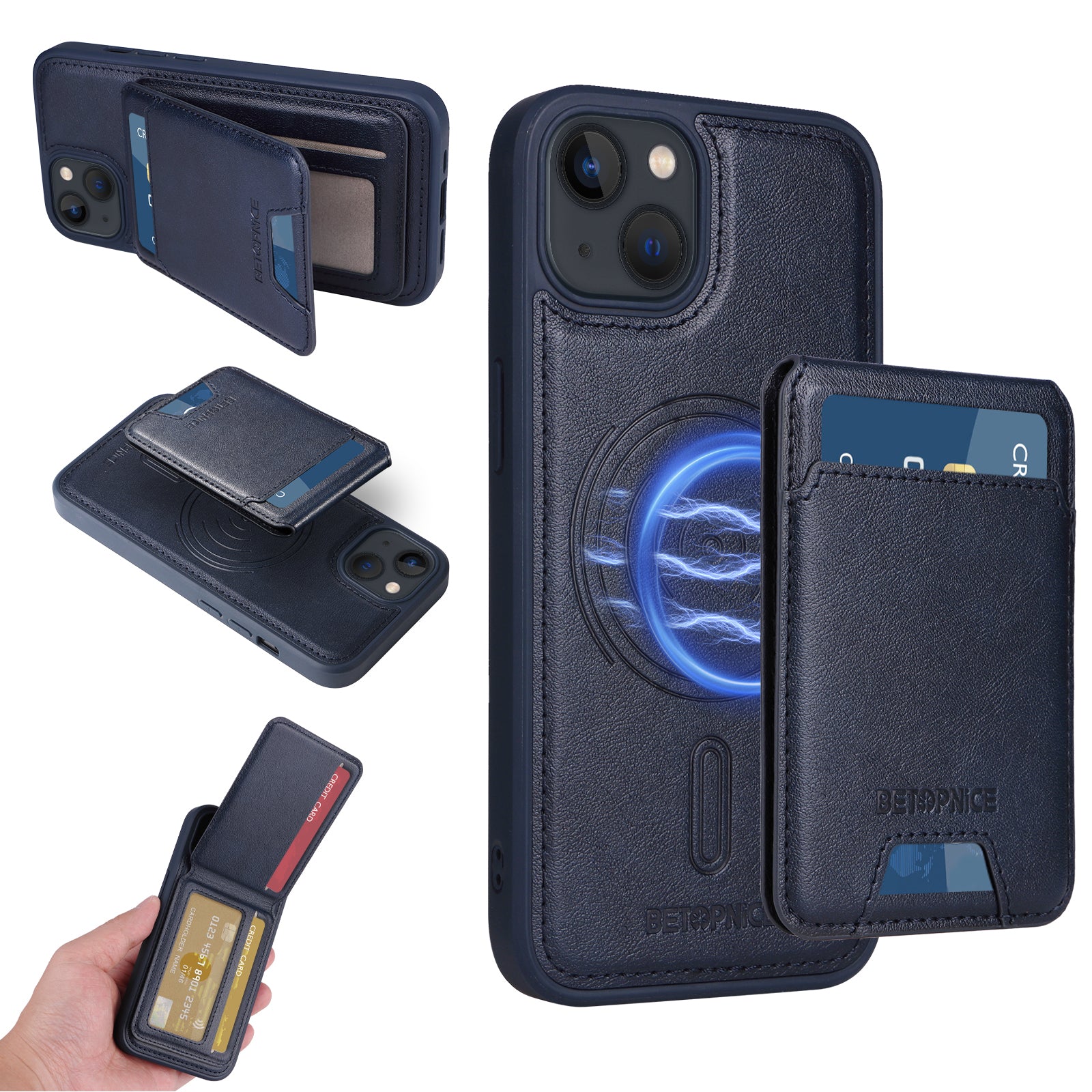 För iPhone 14 / iPhone 13 6,1 tums magnetfodral BETOPNICE RFID-blockerande lädertelefon bakstycke med avtagbar korthållare