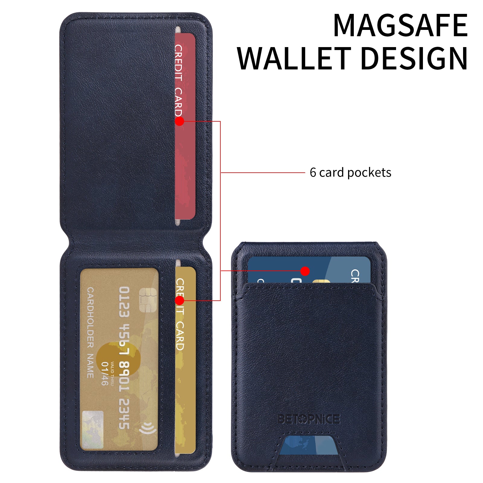 För iPhone 14 / iPhone 13 6,1 tums magnetfodral BETOPNICE RFID-blockerande lädertelefon bakstycke med avtagbar korthållare