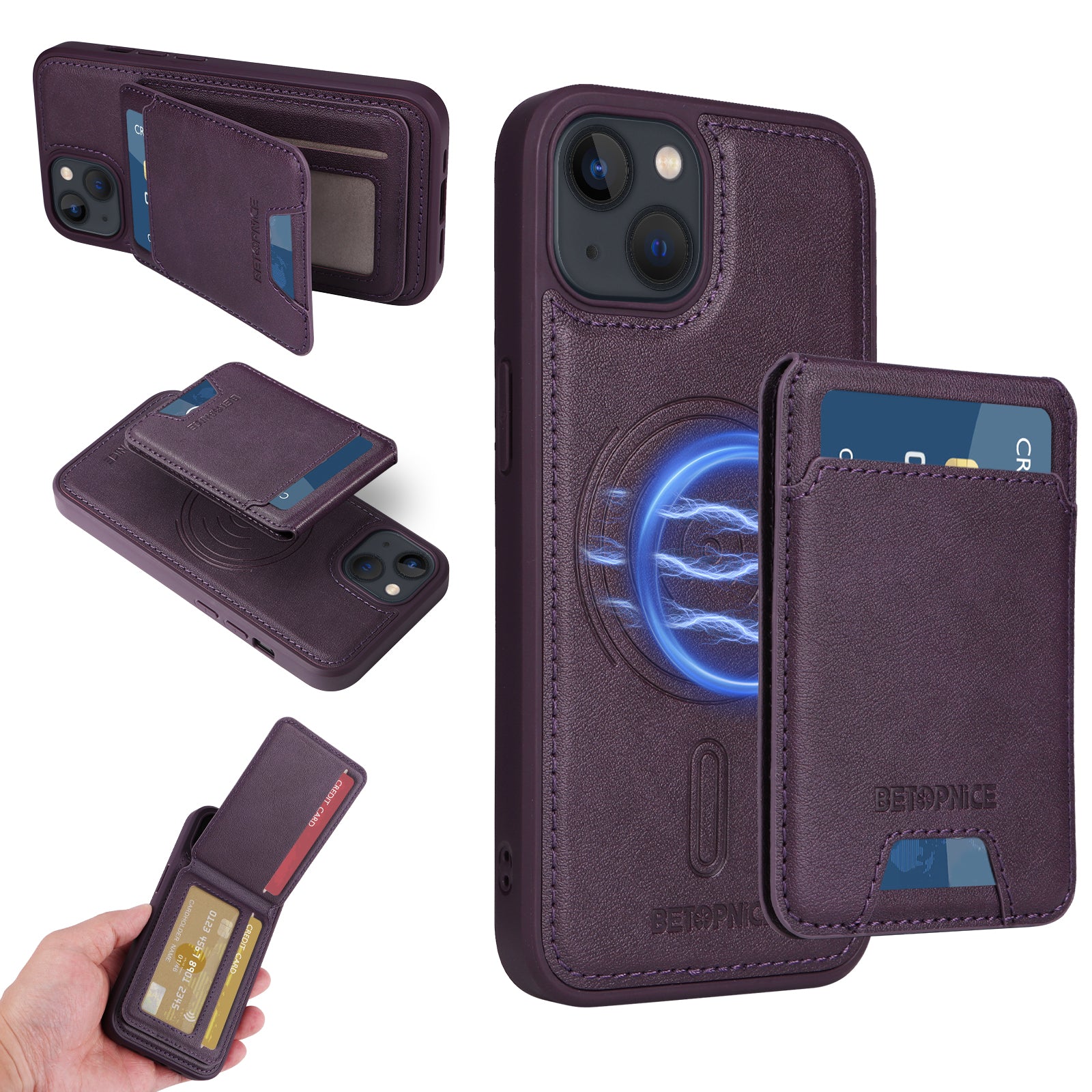 För iPhone 14 / iPhone 13 6,1 tums magnetfodral BETOPNICE RFID-blockerande lädertelefon bakstycke med avtagbar korthållare