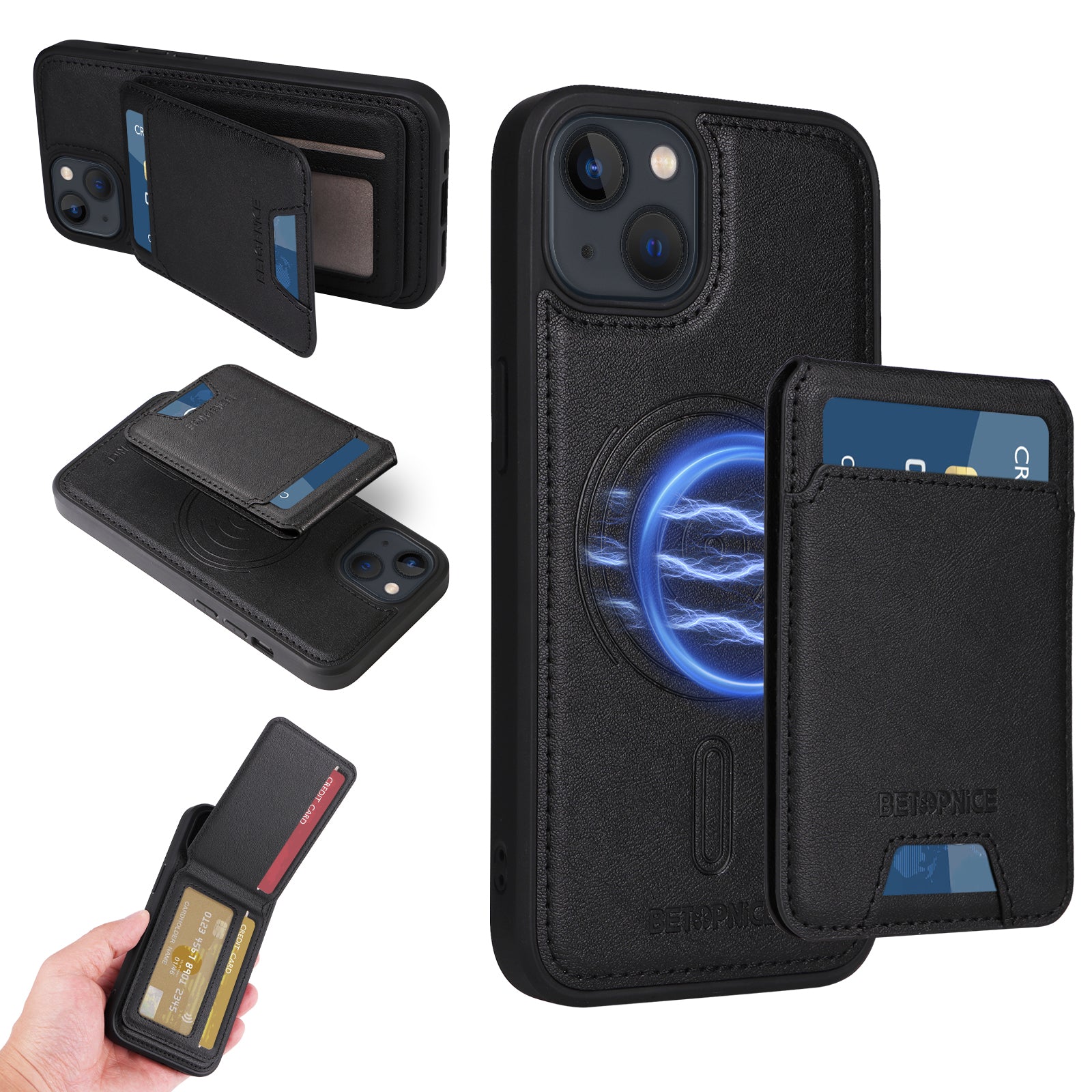 För iPhone 14 / iPhone 13 6,1 tums magnetfodral BETOPNICE RFID-blockerande lädertelefon bakstycke med avtagbar korthållare