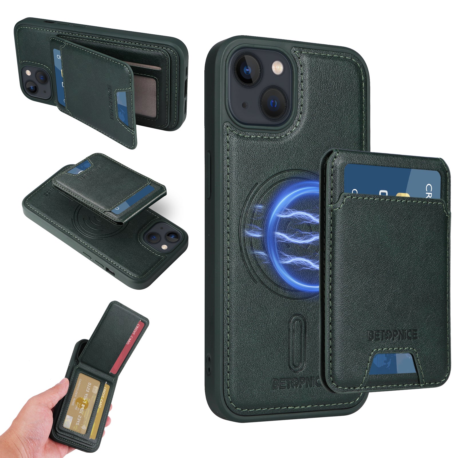 För iPhone 14 / iPhone 13 6,1 tums magnetfodral BETOPNICE RFID-blockerande lädertelefon bakstycke med avtagbar korthållare