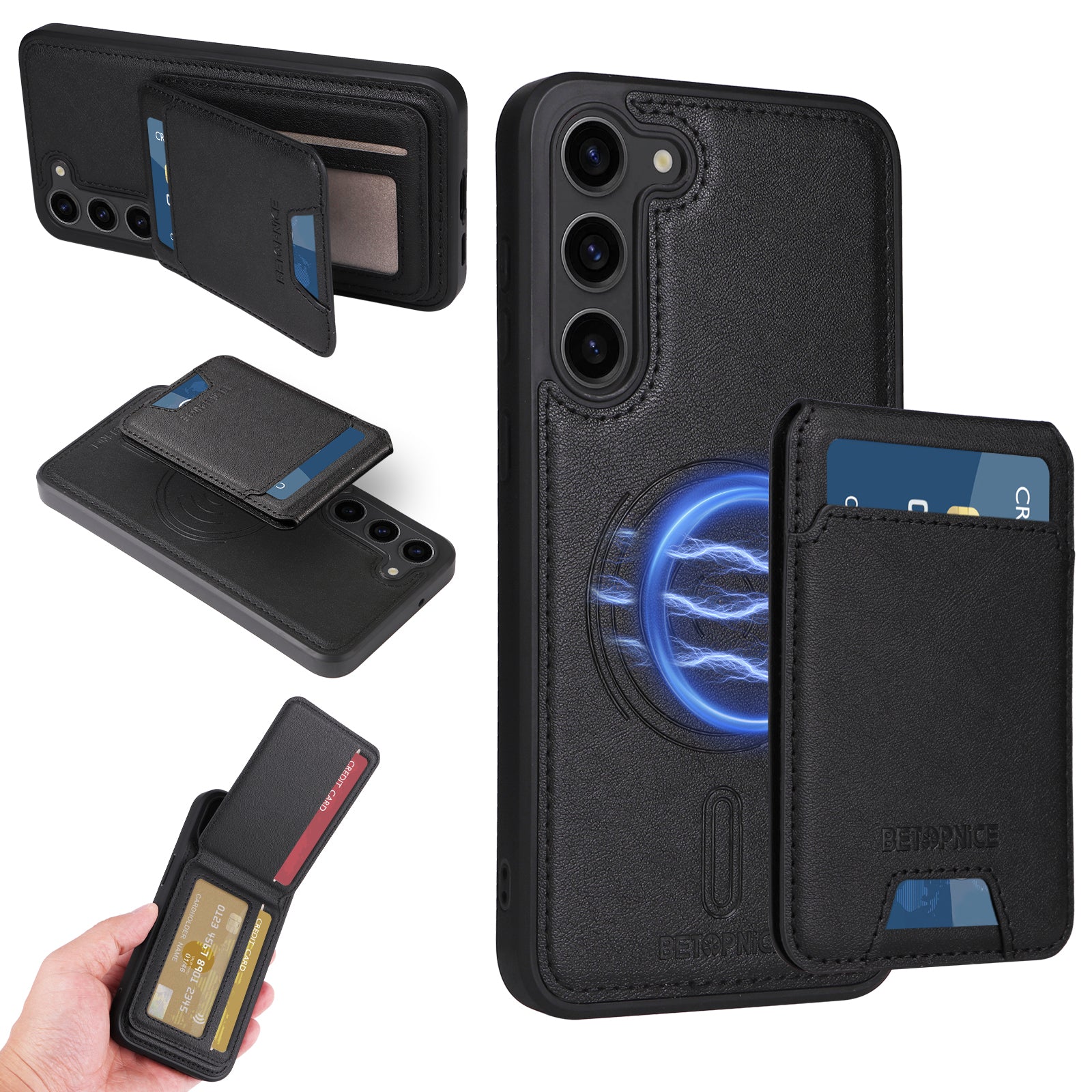 For Samsung Galaxy S23+ Magnetic Case BETOPNICE RFID Blocking Leather Phone Back Cover with Detachable Card Bag