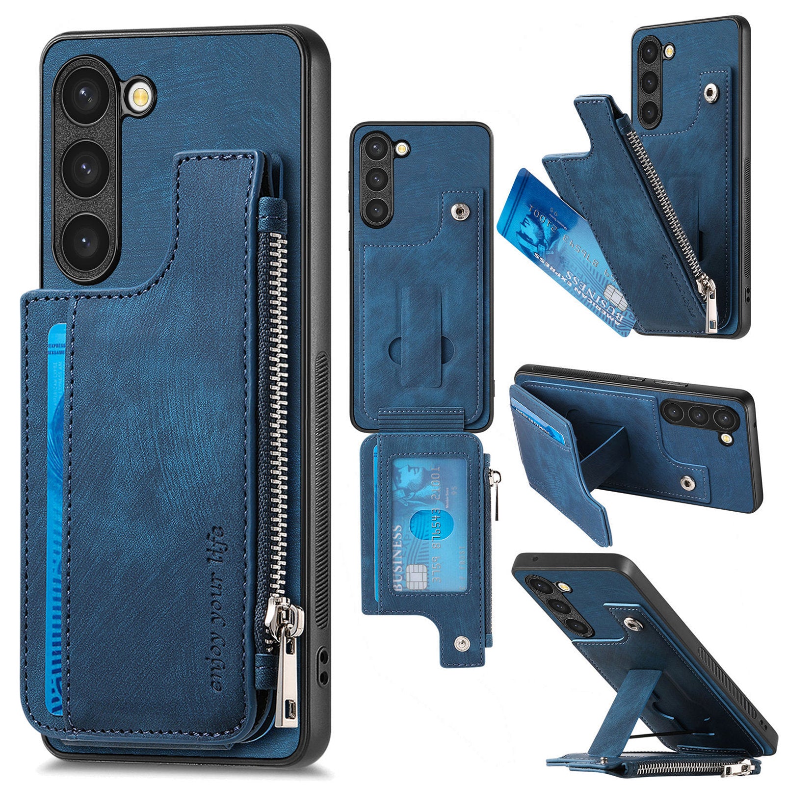 For Samsung Galaxy S23 Case Zipper Card Holder Kickstand Leather + PC + TPU Phone Cover