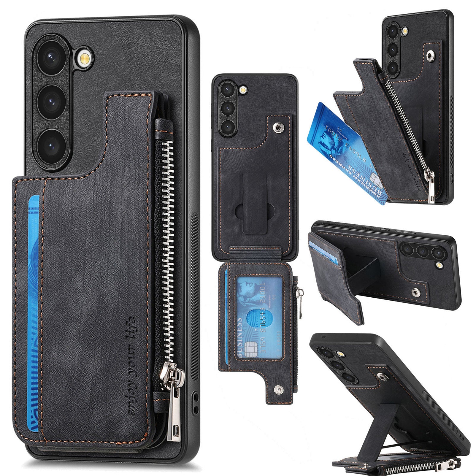 For Samsung Galaxy S23 Case Zipper Card Holder Kickstand Leather + PC + TPU Phone Cover