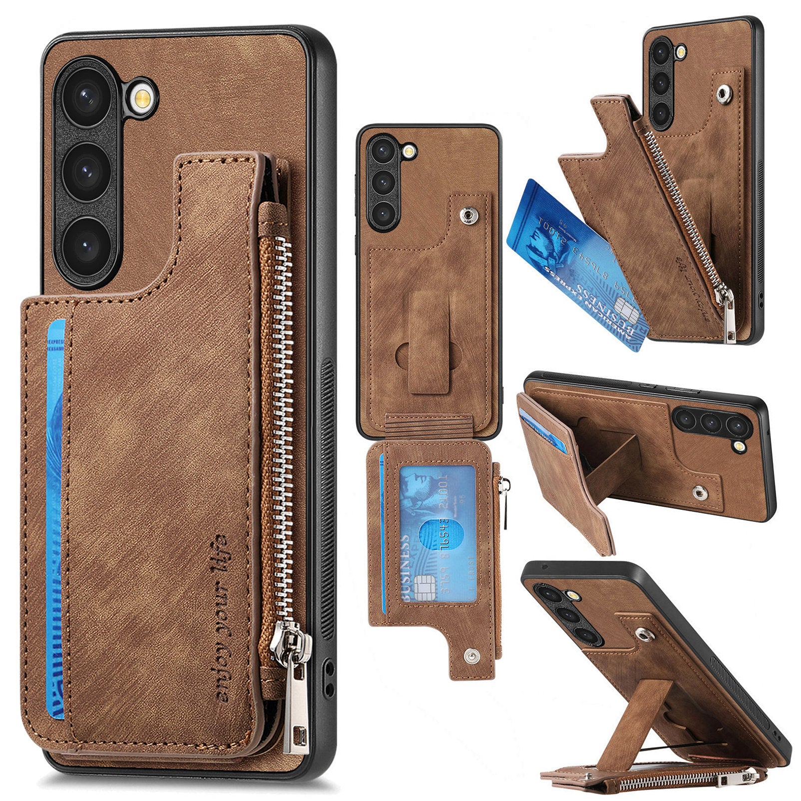 For Samsung Galaxy S23 Case Zipper Card Holder Kickstand Leather + PC + TPU Phone Cover