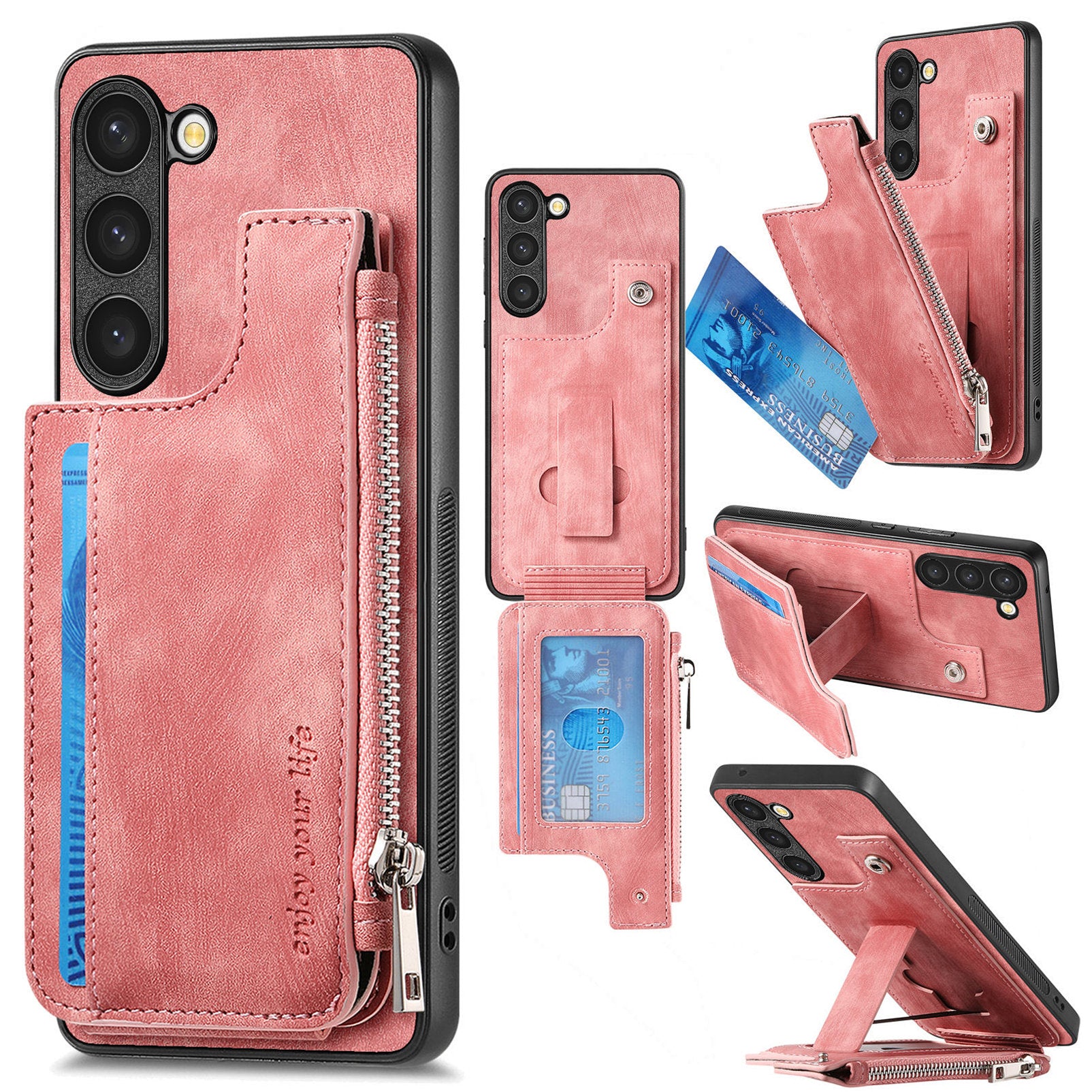 For Samsung Galaxy S23 Case Zipper Card Holder Kickstand Leather + PC + TPU Phone Cover