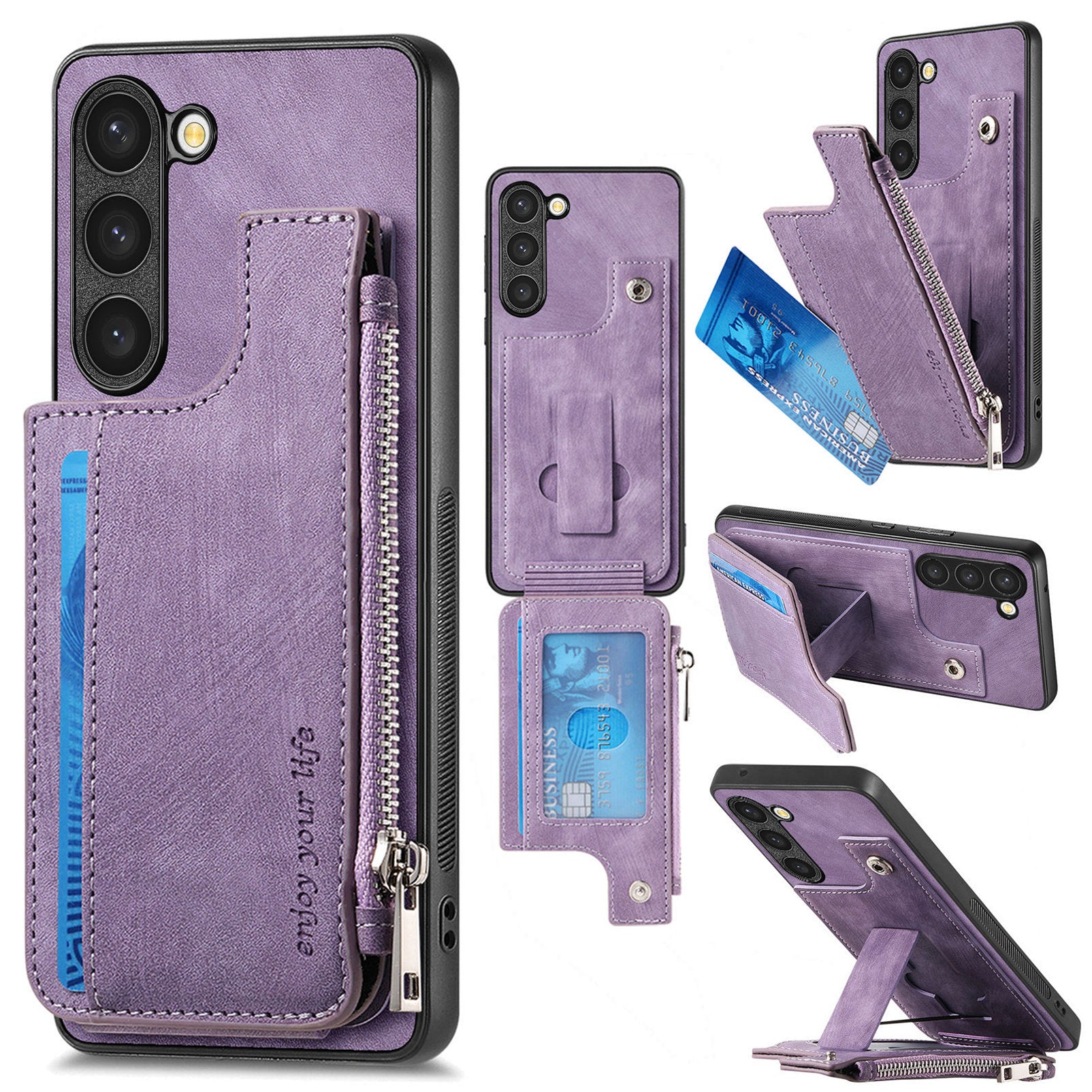 For Samsung Galaxy S23 Case Zipper Card Holder Kickstand Leather + PC + TPU Phone Cover