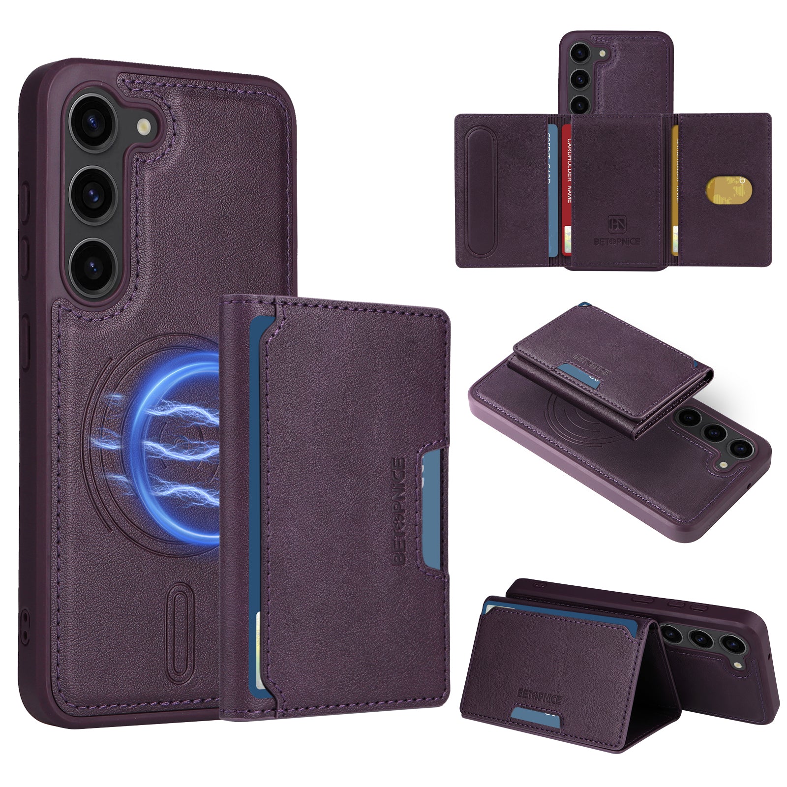 For Samsung Galaxy S23 Magnetic Case BETOPNICE Leather Phone Cover Kickstand with Detachable Card Bag